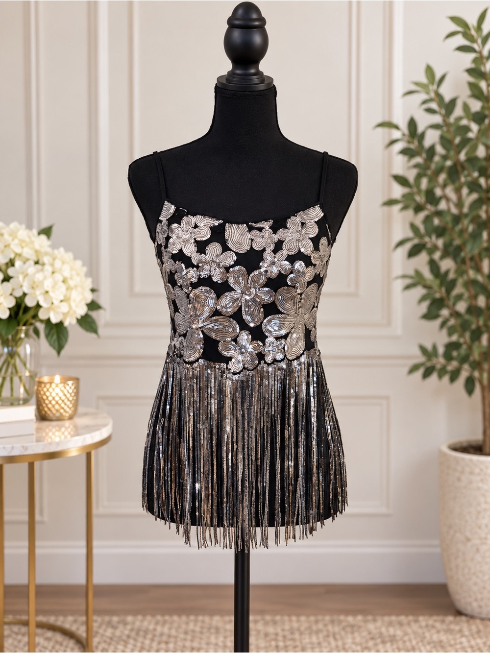 Cider Black Cami with Silver Sequin Floral Embroidery and Fringe